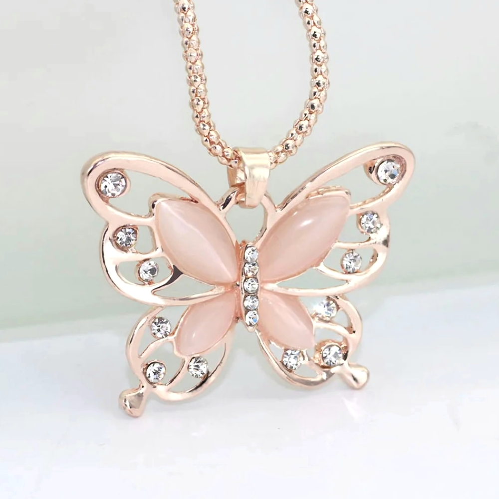 Large Butterfly Gold Rhinestones Pink Peach Cats Eye Oversized Pendant Necklace